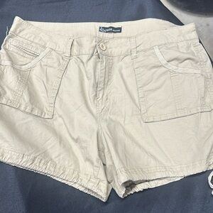 Tan lightweight shorts with cinched  at hemline of each leg.  Great pockets